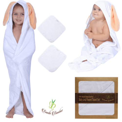 Bamboo Bunny Hooded Towel Set - Extra Large 34x34" + 2 Washcloths | Hypoallergenic