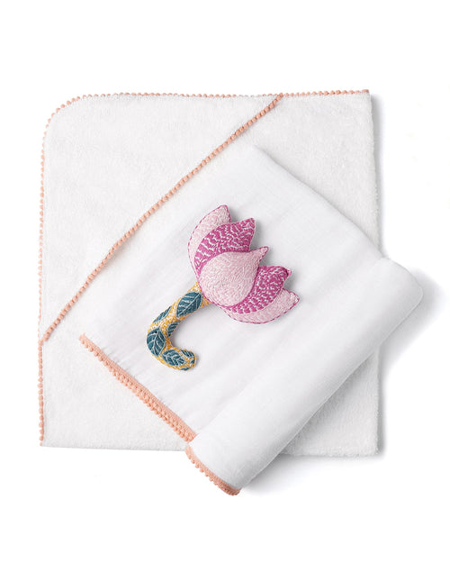 3-Piece Bamboo Newborn Gift Set - Hooded Towel, Swaddle & Rattle | Perfect Baby Shower Gift