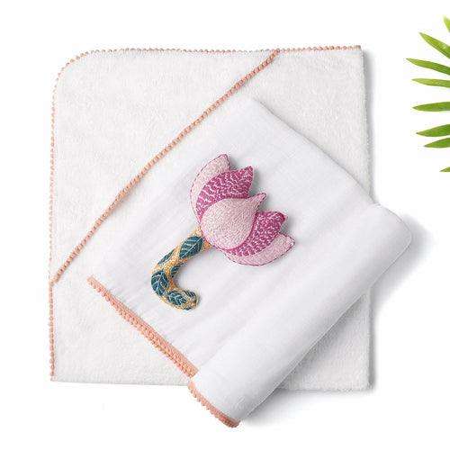 3-Piece Bamboo Newborn Gift Set - Hooded Towel, Swaddle & Rattle | Perfect Baby Shower Gift
