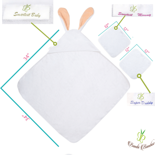 Bamboo Bunny Hooded Towel Set - Extra Large 34x34" + 2 Washcloths | Hypoallergenic